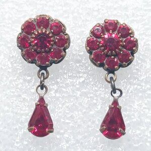 Kenny Ma Red Crystal Earrings Teardrop Floral Midcentury Ruby Rhinestone